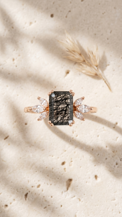 Black Rutilated Quartz & Marquise Accent Ring in 925 Sterling Silver