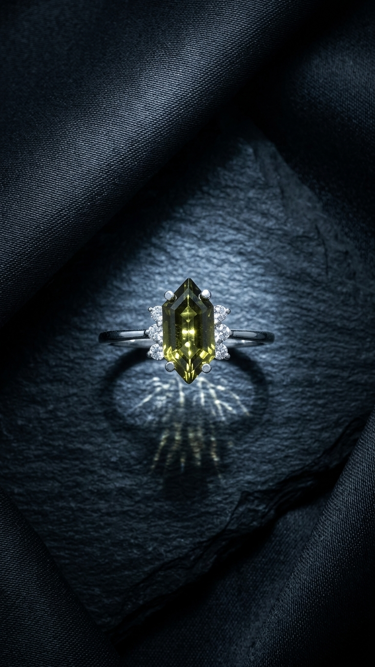 Kite Cut Moldavite Ring – 925 Sterling Silver Geometric Gemstone Engagement Ring