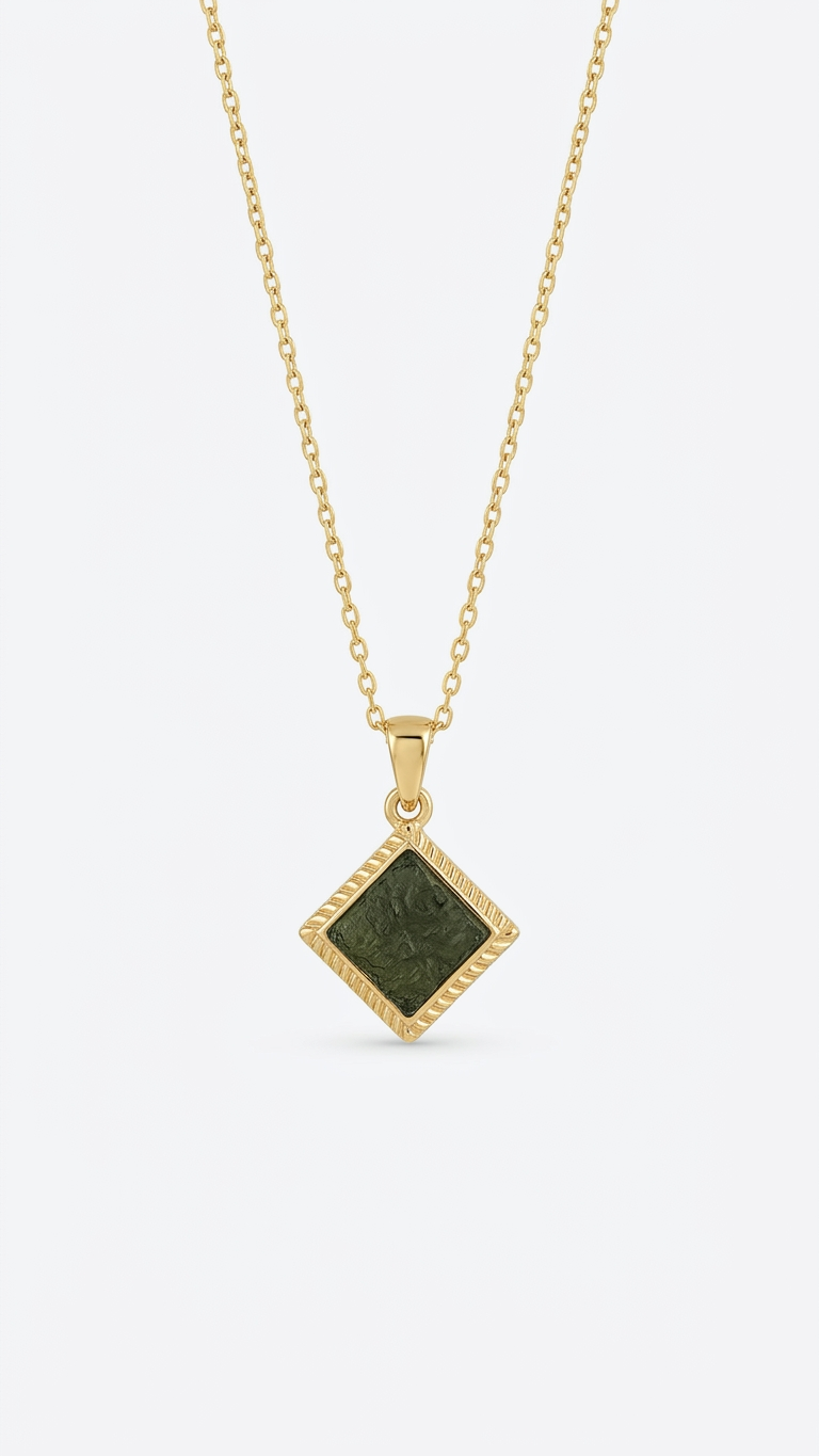 Raw Moldavite Diamond-Shape Pendant Necklace in Gold Plated Silver