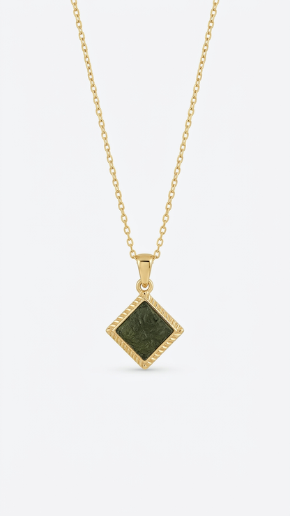 Raw Moldavite Diamond-Shape Pendant Necklace in Gold Plated Silver