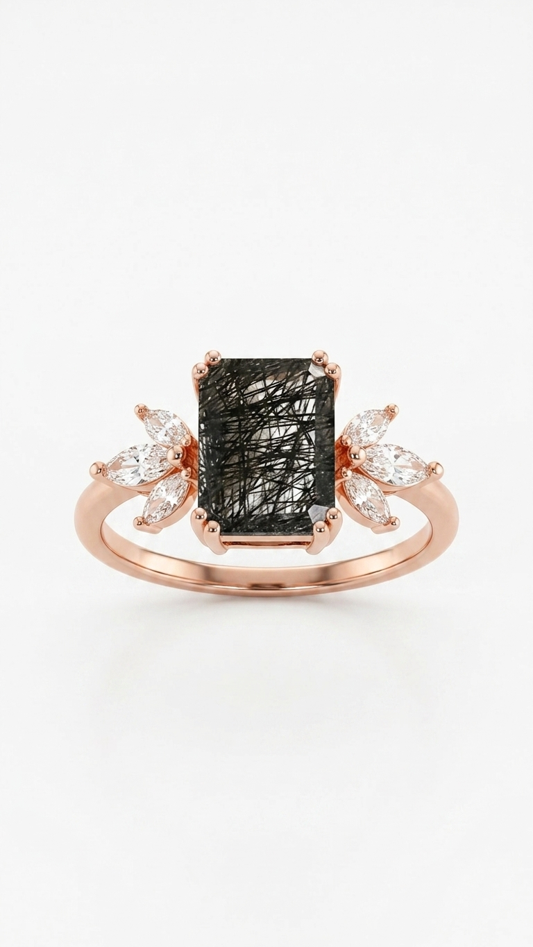 Black Rutilated Quartz & Marquise Accent Ring in 925 Sterling Silver