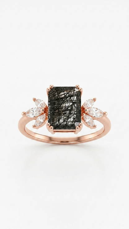 Black Rutilated Quartz & Marquise Accent Ring in 925 Sterling Silver