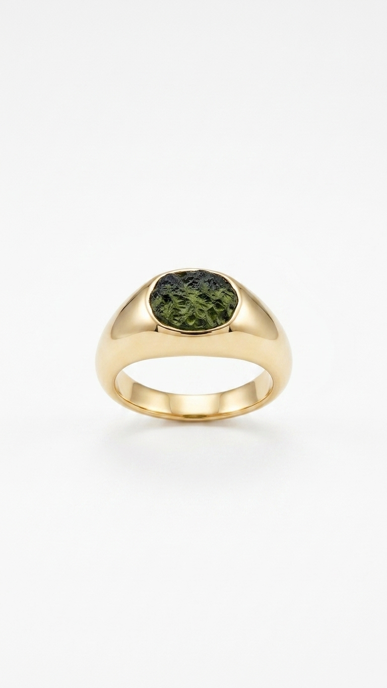 Raw Moldavite Signet Ring in Gold Plated Silver