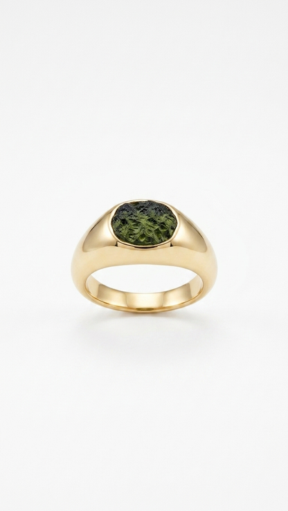 Raw Moldavite Signet Ring in Gold Plated Silver