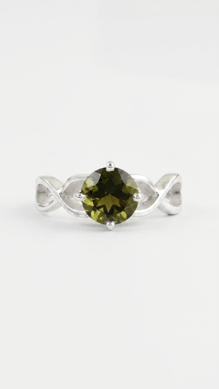 Natural Round Moldavite Gemstone Infinity Ring – 925 Sterling Silver Cosmic Gemstone Ring for Women