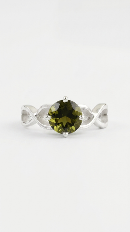Natural Round Moldavite Gemstone Infinity Ring – 925 Sterling Silver Cosmic Gemstone Ring for Women