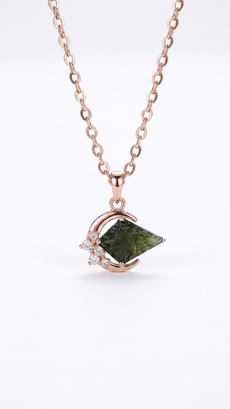 Raw Moldavite Crescent Moon Pendant Necklace – 925 Sterling Silver Rose Gold
