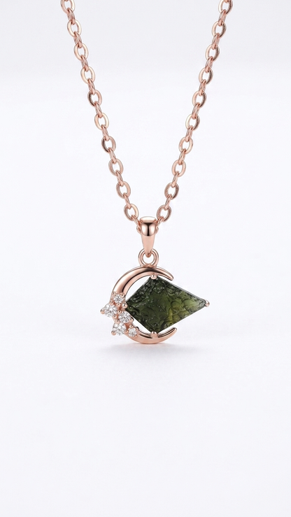 Raw Moldavite Crescent Moon Pendant Necklace – 925 Sterling Silver Rose Gold