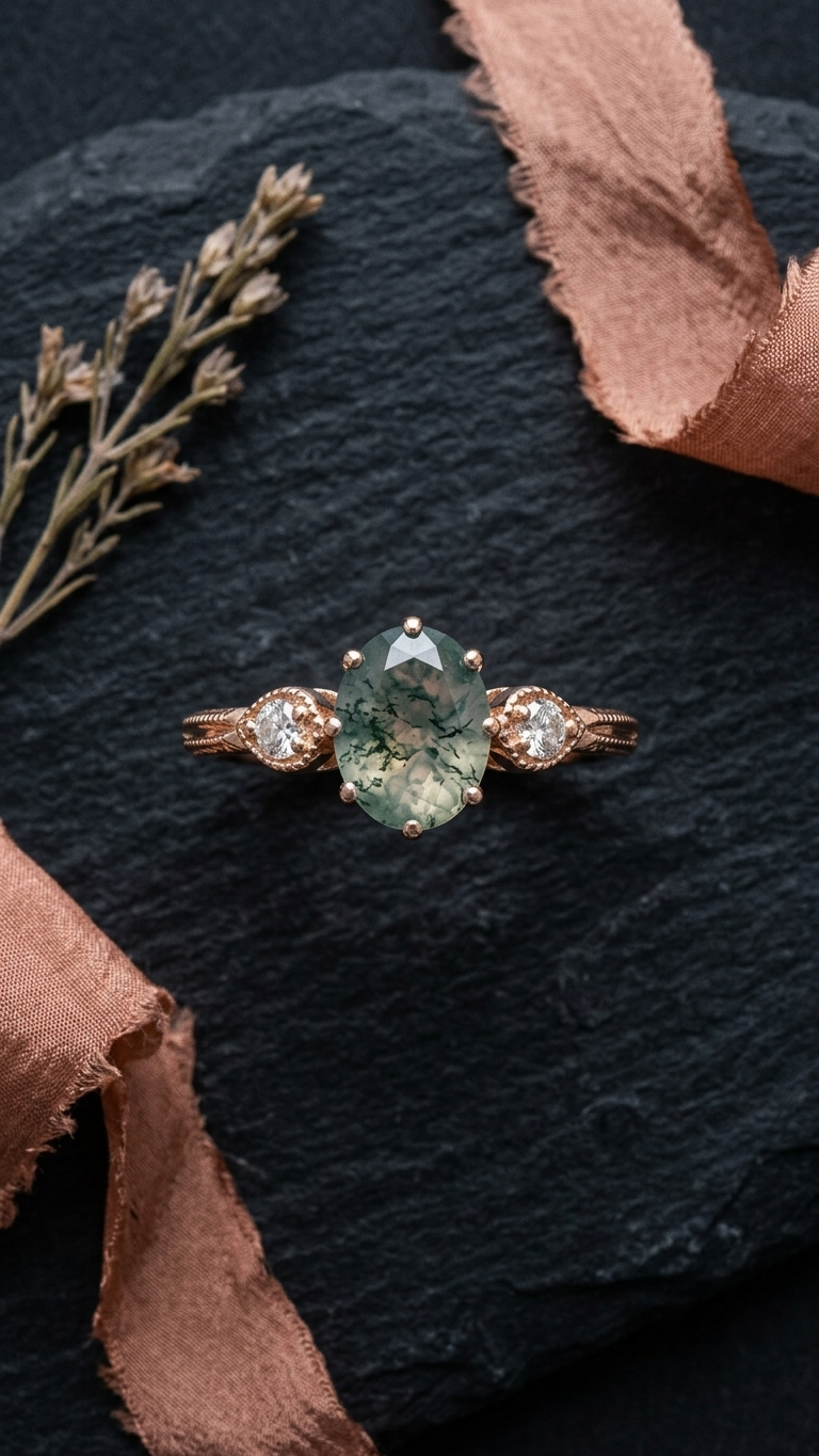 Natural Oval Moss Agate Ring – 925 Sterling Silver Rose Gold Vintage Engagement Ring