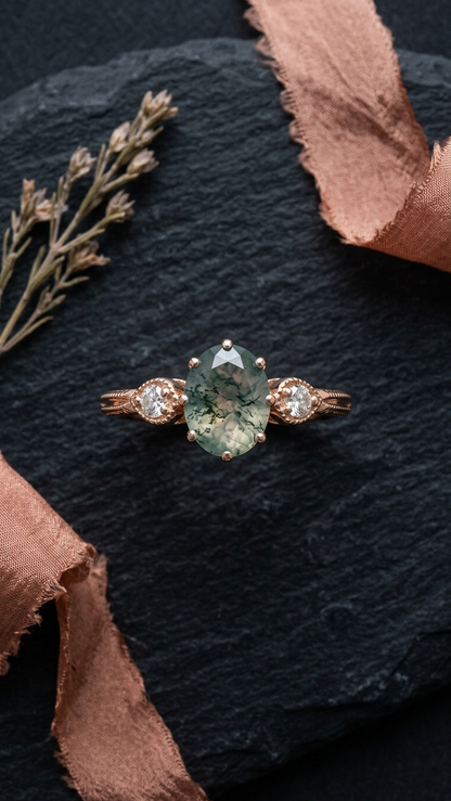Natural Oval Moss Agate Ring – 925 Sterling Silver Rose Gold Vintage Engagement Ring