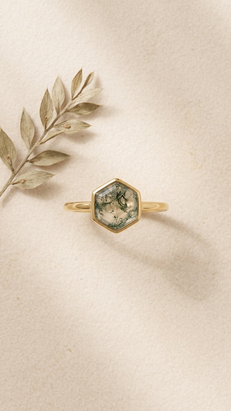 Hexagon Natural Green Moss Agate Ring in Gold Plated 925 Silver Setting