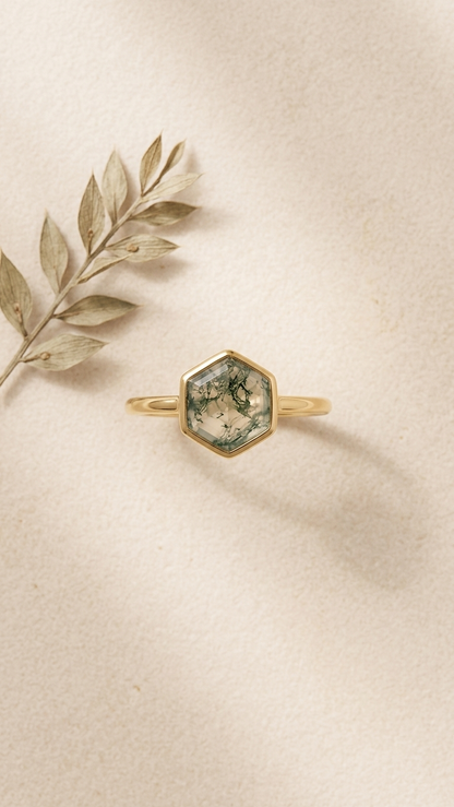 Hexagon Natural Green Moss Agate Ring in Gold Plated 925 Silver Setting