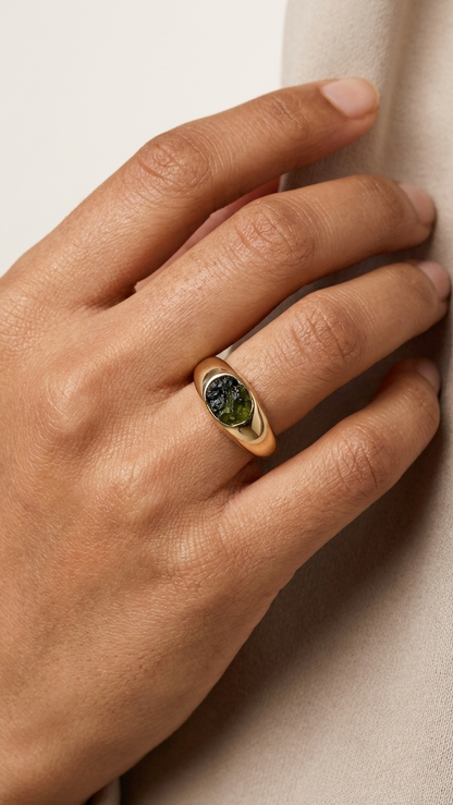Raw Moldavite Signet Ring in Gold Plated Silver