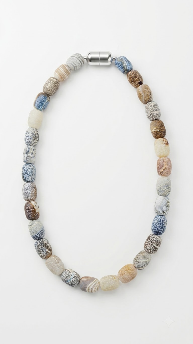 Natural Weathered Agate Bead Necklace – Matte Dragon Vein Agate Barrel Bead Choker with Magnetic Clasp