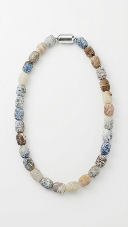Natural Weathered Agate Bead Necklace – Matte Dragon Vein Agate Barrel Bead Choker with Magnetic Clasp